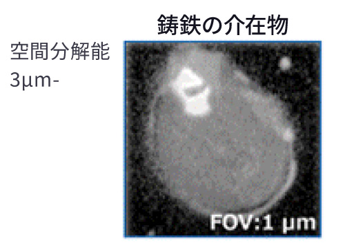 鋳鉄の介在物の二次電子像（空間分解能3µm-、FOV:1µm）
