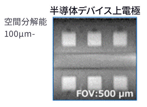 半導体デバイス上電極の二次電子像（空間分解能100µm-、FOV:500µm）