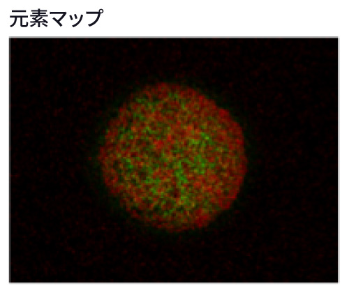 同一視野の元素マップ（赤・緑で元素分布を示した像）